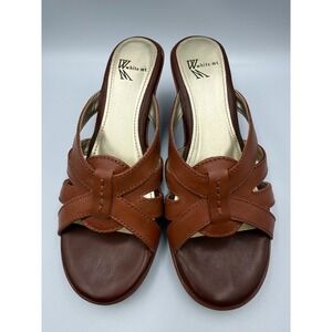 White Mountain Jordan Cognac Brown Leather Wedge Sandals Womens 8M W9180-IZ